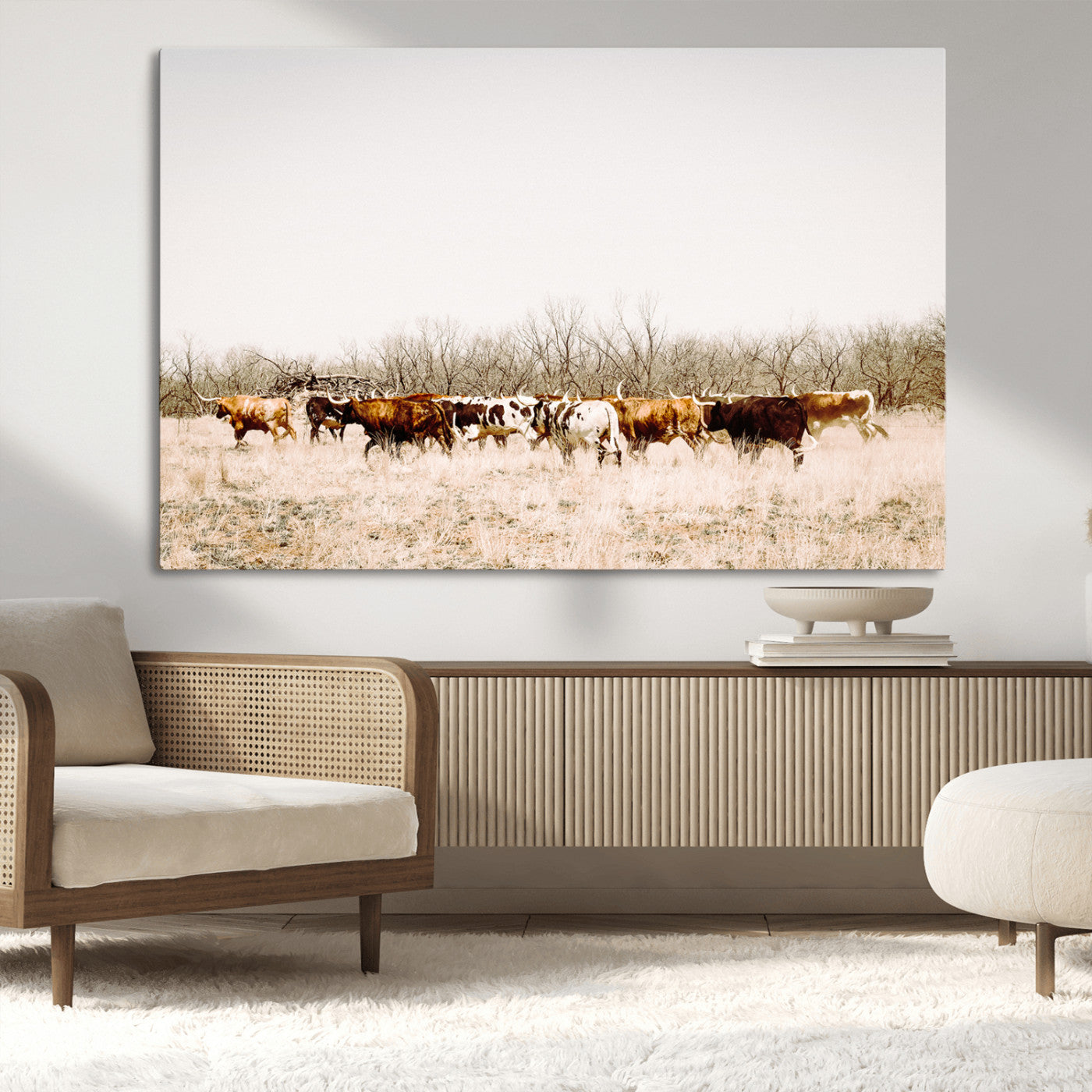 12454132-MGV-CV-36X24-Cow Herd Photography Wall Art Canvas Print, Framed Rustic Farmhouse Decor Art Picture Print, Western Ranch Style Perfect Rustic