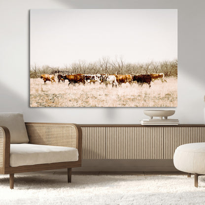 12454132-MGV-CV-36X24-Cow Herd Photography Wall Art Canvas Print, Framed Rustic Farmhouse Decor Art Picture Print, Western Ranch Style Perfect Rustic