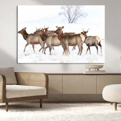 68738684-MGV-CV-36X24-Winter Elk Scene Wall Art Canvas Print, Framed Wildlife Photography Art Picture Print, Snowy Deer Decor Perfect Rustic Lodge Decor