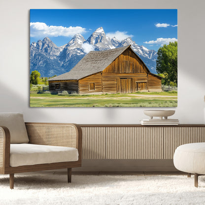 75948467-MGV-CV-36X24-Mountain Barn Scene Wall Art Canvas Print, Framed Rustic Farmhouse Style Art Picture Print, Country Cabin Decor Perfect Rustic