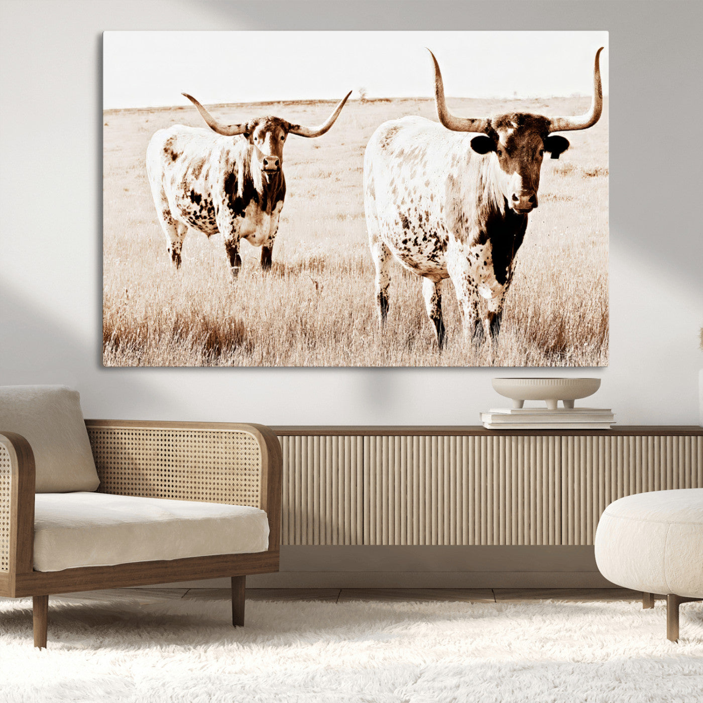 39672786-MGV-CV-36X24-Rustic Cow Scene Wall Art Canvas Print, Framed Farmhouse Style Cattle Art Picture Print, Prairie Animal Duo Perfect Rustic Western