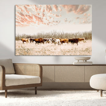 43704663-MGV-CV-36X24-Country Cow Herd Wall Art Canvas Print, Framed Farmhouse Cattle Scene Art Picture Print, Rustic Ranch Decor Perfect Rustic