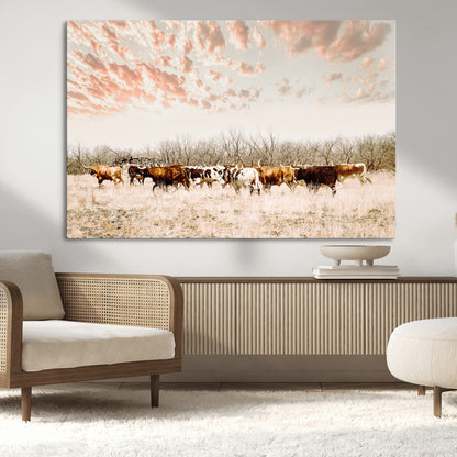 43704663-MGV-CV-36X24-Country Cow Herd Wall Art Canvas Print, Framed Farmhouse Cattle Scene Art Picture Print, Rustic Ranch Decor Perfect Rustic