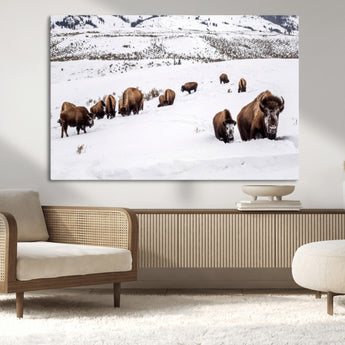 13891210-MGV-CV-36X24-Bison Herd Scene Wall Art Canvas Print, Framed Western Wildlife Decor Art Picture Print, Snowy Mountain Valley Perfect Rustic