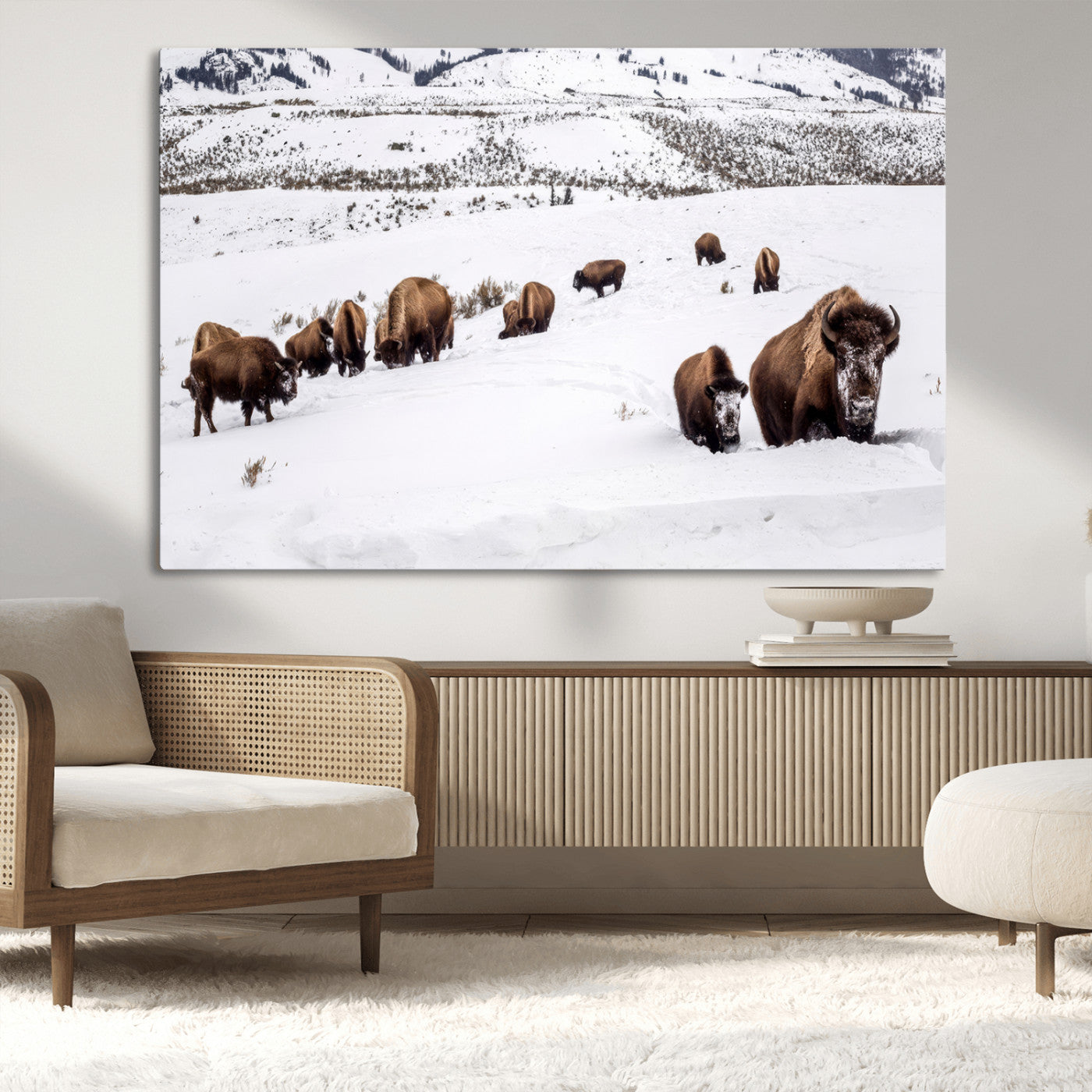 13891210-MGV-CV-36X24-Bison Herd Scene Wall Art Canvas Print, Framed Western Wildlife Decor Art Picture Print, Snowy Mountain Valley Perfect Rustic