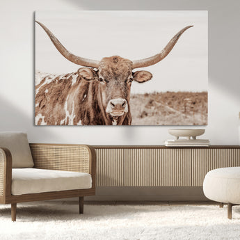 77810049-MGV-CV-36X24-Longhorn Bull Photo Wall Art Canvas Print, Framed Rustic Cow Decor Art Picture Print, Neutral Farmhouse Style Perfect Rustic