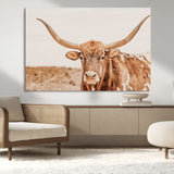74406977-MGV-CV-36X24-Longhorn Bull Decor Wall Art Canvas Print, Framed Western Cow Theme Art Picture Print, Rustic Farmhouse Wall Perfect Neutral