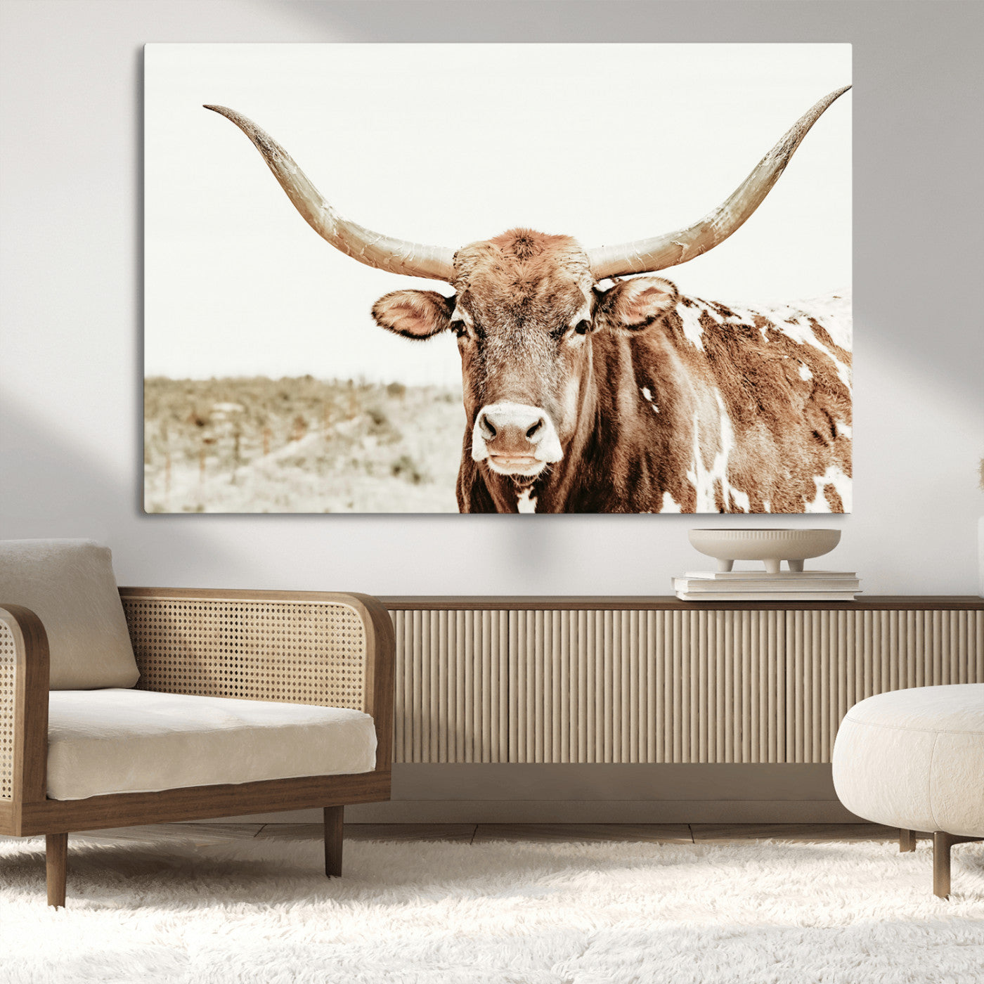 98924580-MGV-CV-36X24-Texas Longhorn Bull Wall Art Canvas Print, Framed Rustic Farmhouse Decor Art Picture Print, Western Animal Theme Perfect Rustic