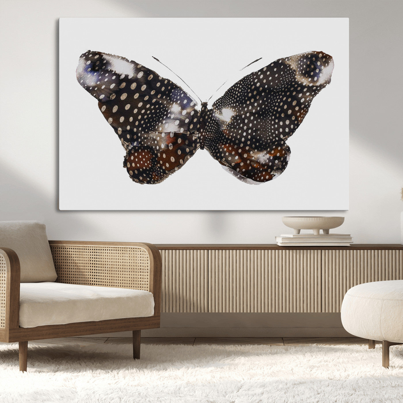 99831147-MGV-CV-36X24-Spotted Butterfly Wall Art Canvas Print, Framed Neutral Insect Theme Art Picture Print, Earthy Wing Pattern Perfect Modern Rustic