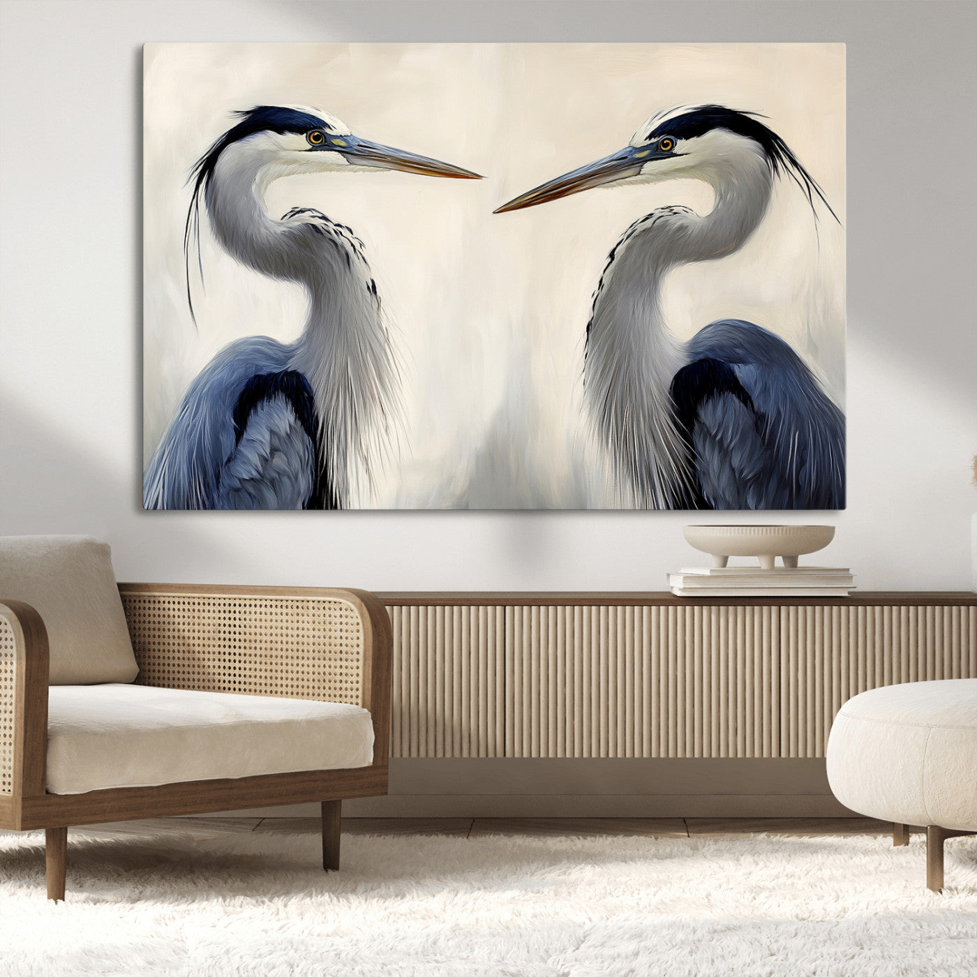 18230556-MGV-CV-36X24-Blue Heron Pair Wall Art Canvas Print, Framed Coastal Bird Theme Art Picture Print, Tranquil Wildlife Scene Perfect Coastal