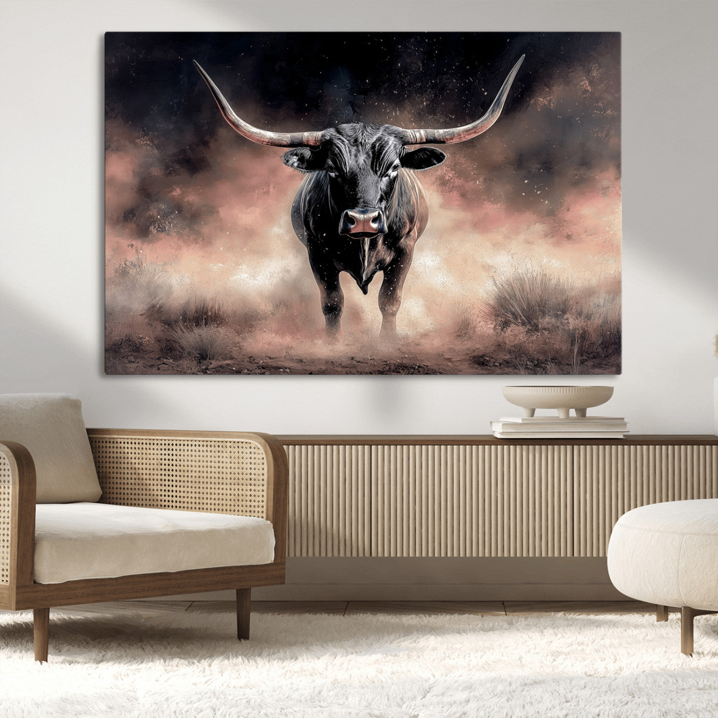 71457818-MGV-CV-36X24-Longhorn Wall Art Wall Art Canvas Print, Framed Western Bull Canvas Art Picture Print, Rustic Cow Decor Perfect Western Dramatic