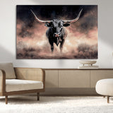71457818-MGV-CV-36X24-Longhorn Wall Art Wall Art Canvas Print, Framed Western Bull Canvas Art Picture Print, Rustic Cow Decor Perfect Western Dramatic