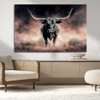 71457818-MGV-CV-36X24-Longhorn Wall Art Wall Art Canvas Print, Framed Western Bull Canvas Art Picture Print, Rustic Cow Decor Perfect Western Dramatic