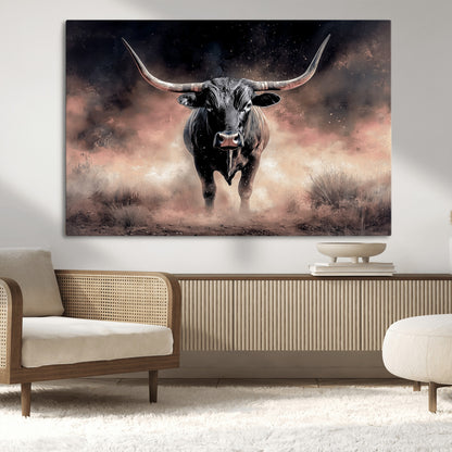 71457818-MGV-CV-36X24-Longhorn Wall Art Wall Art Canvas Print, Framed Western Bull Canvas Art Picture Print, Rustic Cow Decor Perfect Western Dramatic