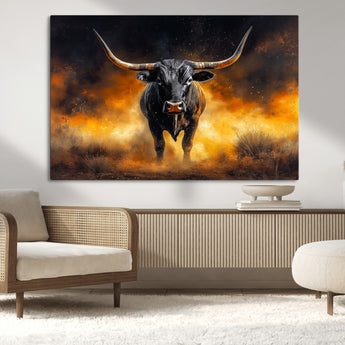 58293979-MGV-CV-36X24-Longhorn Canvas Wall Art Canvas Print, Framed Bold Bull Wall Art Art Picture Print, Western Animal Decor Perfect Western Dramatic