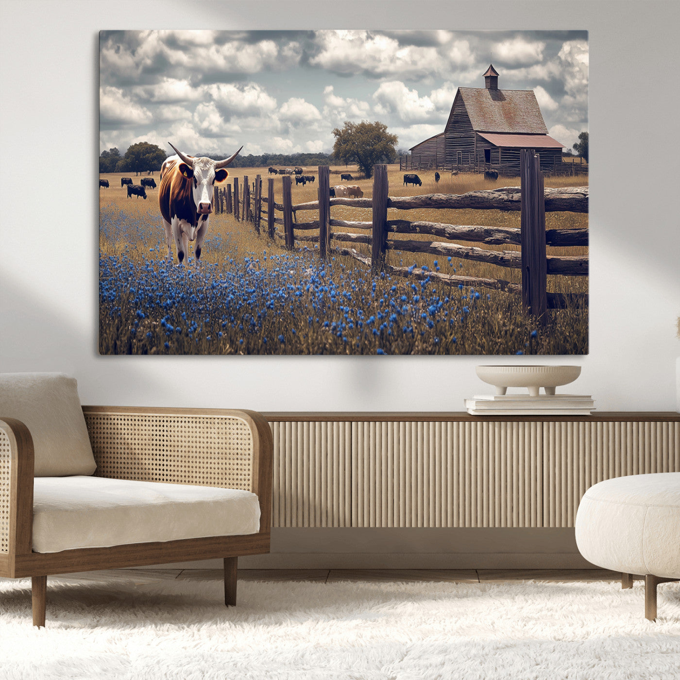 22296025-MGV-CV-36X24-Texas Longhorn Canvas Wall Art Canvas Print, Framed Rustic Barn Wall Art Art Picture Print, Farmhouse Cow Decor Perfect Rustic