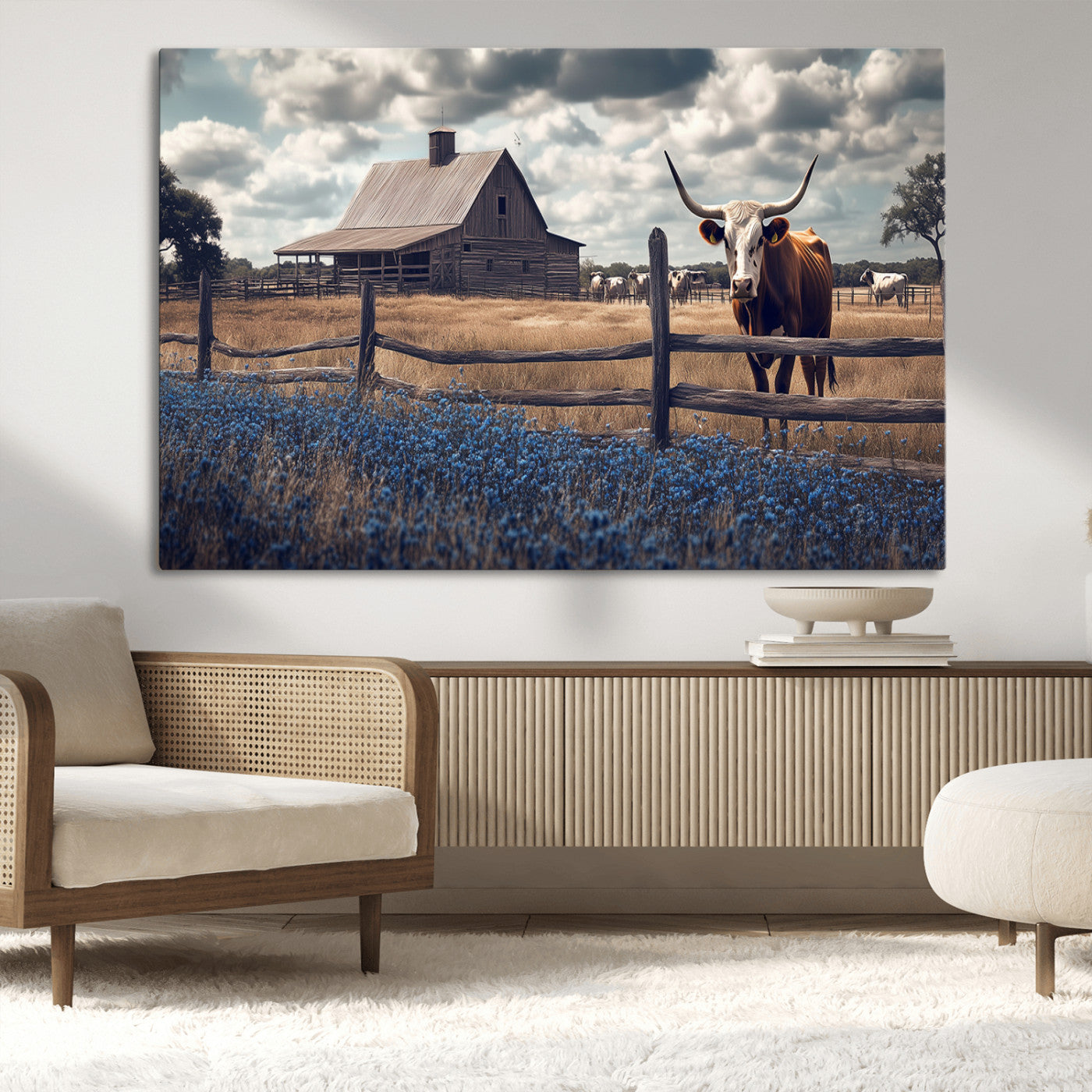 51092814-MGV-CV-36X24-Texas Longhorn Wall Art Wall Art Canvas Print, Framed Rustic Barn Canvas Art Picture Print, Farmhouse Cow Decor Perfect Rustic