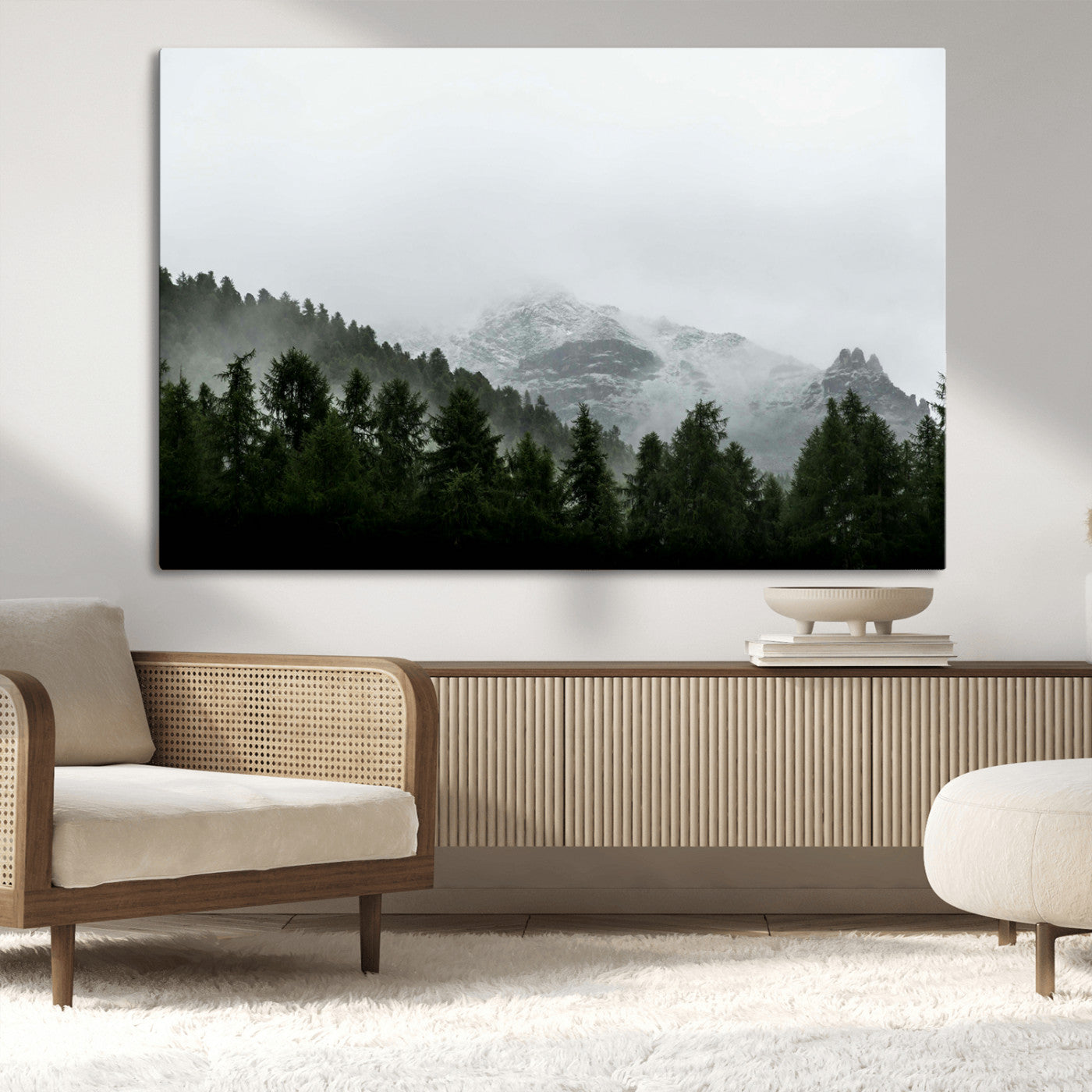 55968349-MGV-CV-36X24-Misty Mountains Wall Art Canvas Print, Framed Foggy Forest Art Picture Print, Snowy Peaks Perfect Moody Wilderness Decor Artwork
