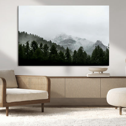 55968349-MGV-CV-36X24-Misty Mountains Wall Art Canvas Print, Framed Foggy Forest Art Picture Print, Snowy Peaks Perfect Moody Wilderness Decor Artwork