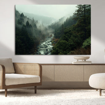48497565-MGV-CV-36X24-Misty Forest Wall Art Canvas Print, Framed Foggy River Art Picture Print, Moody Landscape Perfect Moody Wilderness Decor Artwork