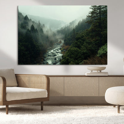 48497565-MGV-CV-36X24-Misty Forest Wall Art Canvas Print, Framed Foggy River Art Picture Print, Moody Landscape Perfect Moody Wilderness Decor Artwork