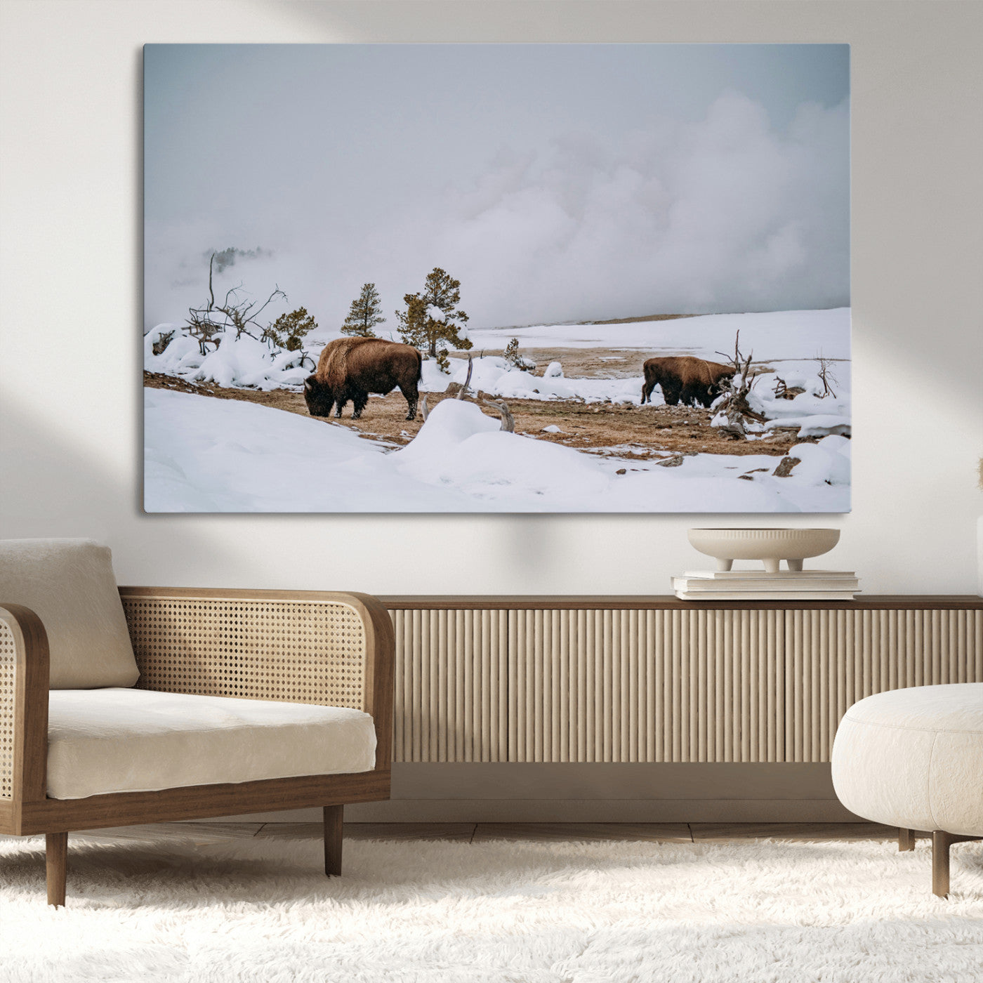 60308289-MGV-CV-36X24-Bison Wildlife Wall Art Canvas Print, Framed Snowy Prairie Art Picture Print, Western Landscape Perfect Rustic Winter Decor