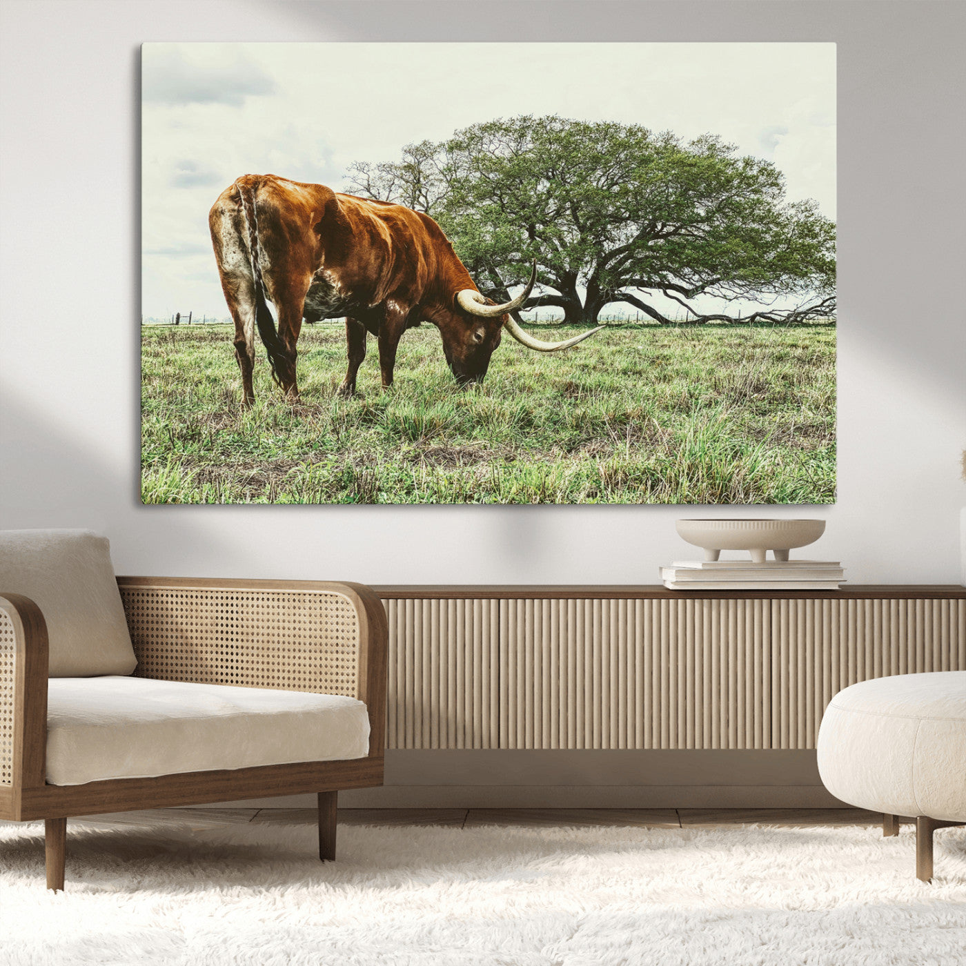91866234-MGV-CV-36X24-Texas Longhorn Wall Art Canvas Print, Framed Rustic Ranch Art Picture Print, Western Cattle Perfect Rustic Farmhouse Decor Artwork