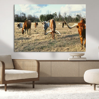39144651-MGV-CV-36X24-Texas Longhorns Wall Art Canvas Print, Framed Rustic Farm Scene Art Picture Print, Western Cattle Perfect Rustic Farmhouse Decor