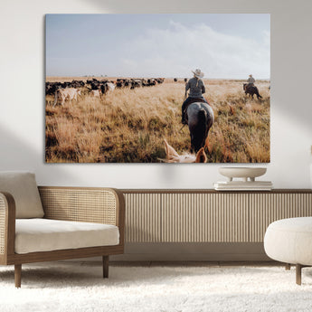 22431577-MGV-CV-36X24-Western Wall Art Wall Art Canvas Print, Framed Cowboy Canvas Art Picture Print, Cattle Drive Scene Perfect Rustic Western Decor