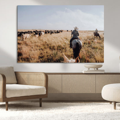 22431577-MGV-CV-36X24-Western Wall Art Wall Art Canvas Print, Framed Cowboy Canvas Art Picture Print, Cattle Drive Scene Perfect Rustic Western Decor