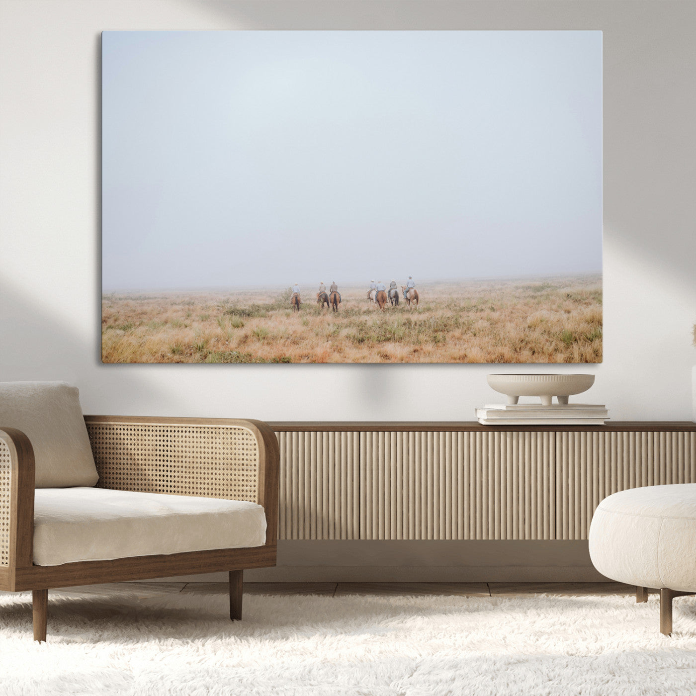 14761944-MGV-CV-36X24-Foggy Plains Wall Art Canvas Print, Framed Horseback Riders Art Picture Print, Rustic Western Perfect Rustic Western Decor Artwork