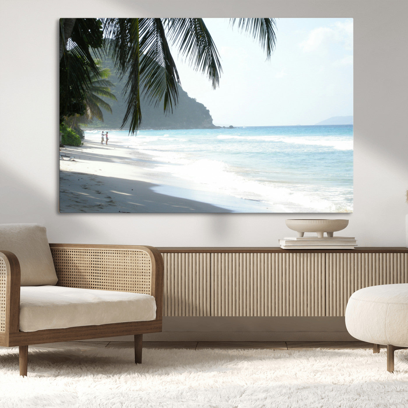 18311030-MGV-CV-36X24-Tropical Beach Wall Art Canvas Print, Framed Serene Ocean Art Picture Print, Palm Tree Shadows Perfect Tropical Coastal Decor