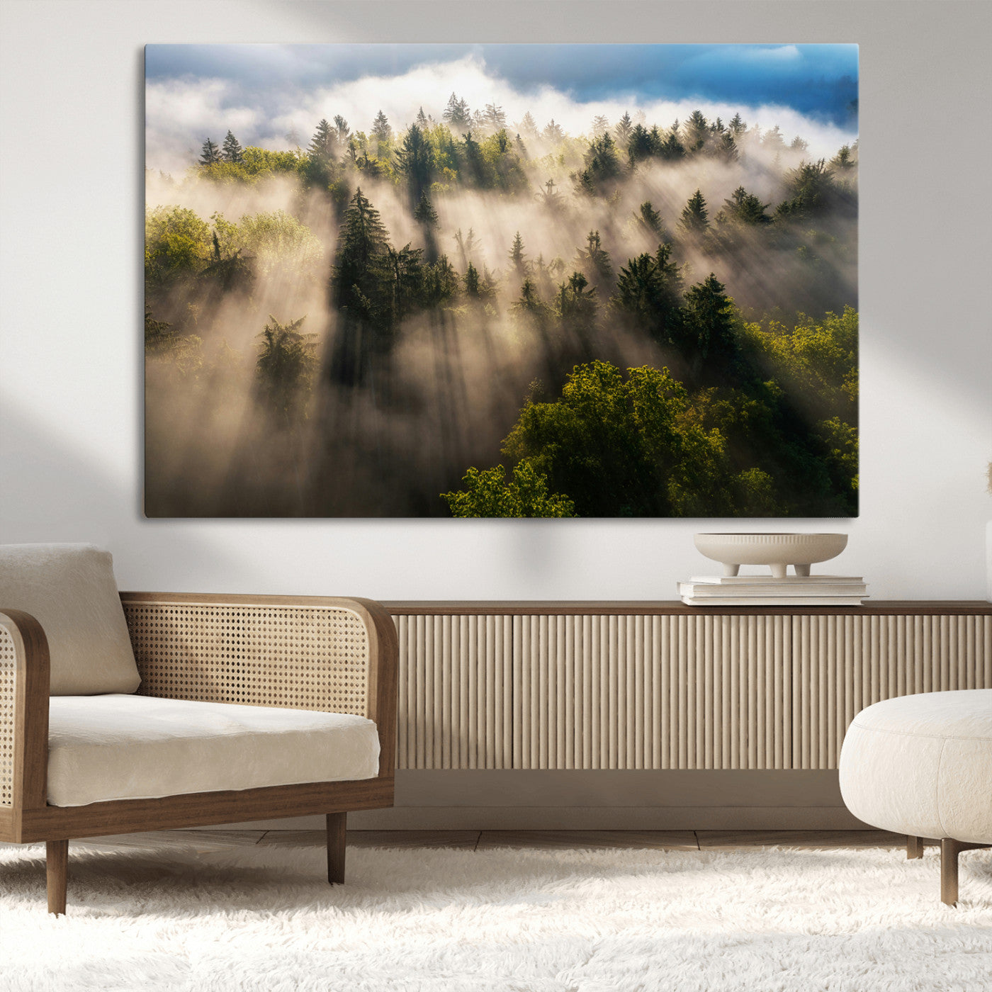 14785710-MGV-CV-36X24-Tranquil Forest Scene Wall Art Canvas Print, Framed Sunbeam Through Trees Art Picture Print, Moody Green Wall Art Perfect