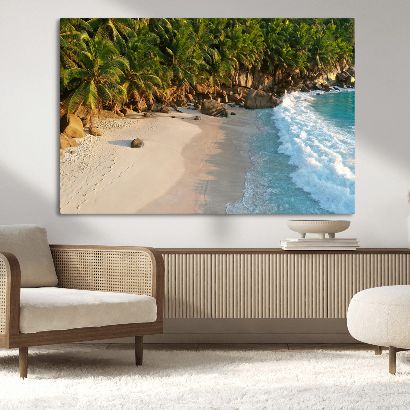 82312665-MGV-CV-36X24-Tropical Beach Wall Art Canvas Print, Framed Ocean Waves Art Picture Print, Palm Trees Perfect Coastal Minimalist Decor Artwork