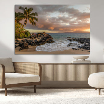 55108220-MGV-CV-36X24-Tropical Beach Wall Art Canvas Print, Framed Hawaiian Sunset Art Picture Print, Ocean Waves Perfect Coastal Tropical Decor Artwork