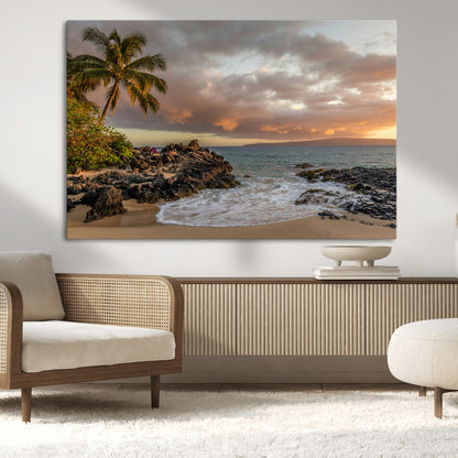 55108220-MGV-CV-36X24-Tropical Beach Wall Art Canvas Print, Framed Hawaiian Sunset Art Picture Print, Ocean Waves Perfect Coastal Tropical Decor Artwork