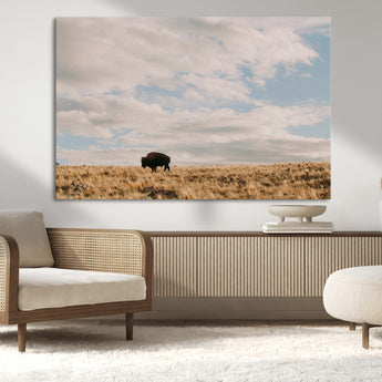 22754563-MGV-CV-36X24-Earthy Tones Wall Art Canvas Print, Framed Rustic Nature Art Picture Print, Solitary Buffalo Perfect Western Minimalist Decor