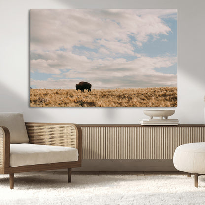 22754563-MGV-CV-36X24-Earthy Tones Wall Art Canvas Print, Framed Rustic Nature Art Picture Print, Solitary Buffalo Perfect Western Minimalist Decor