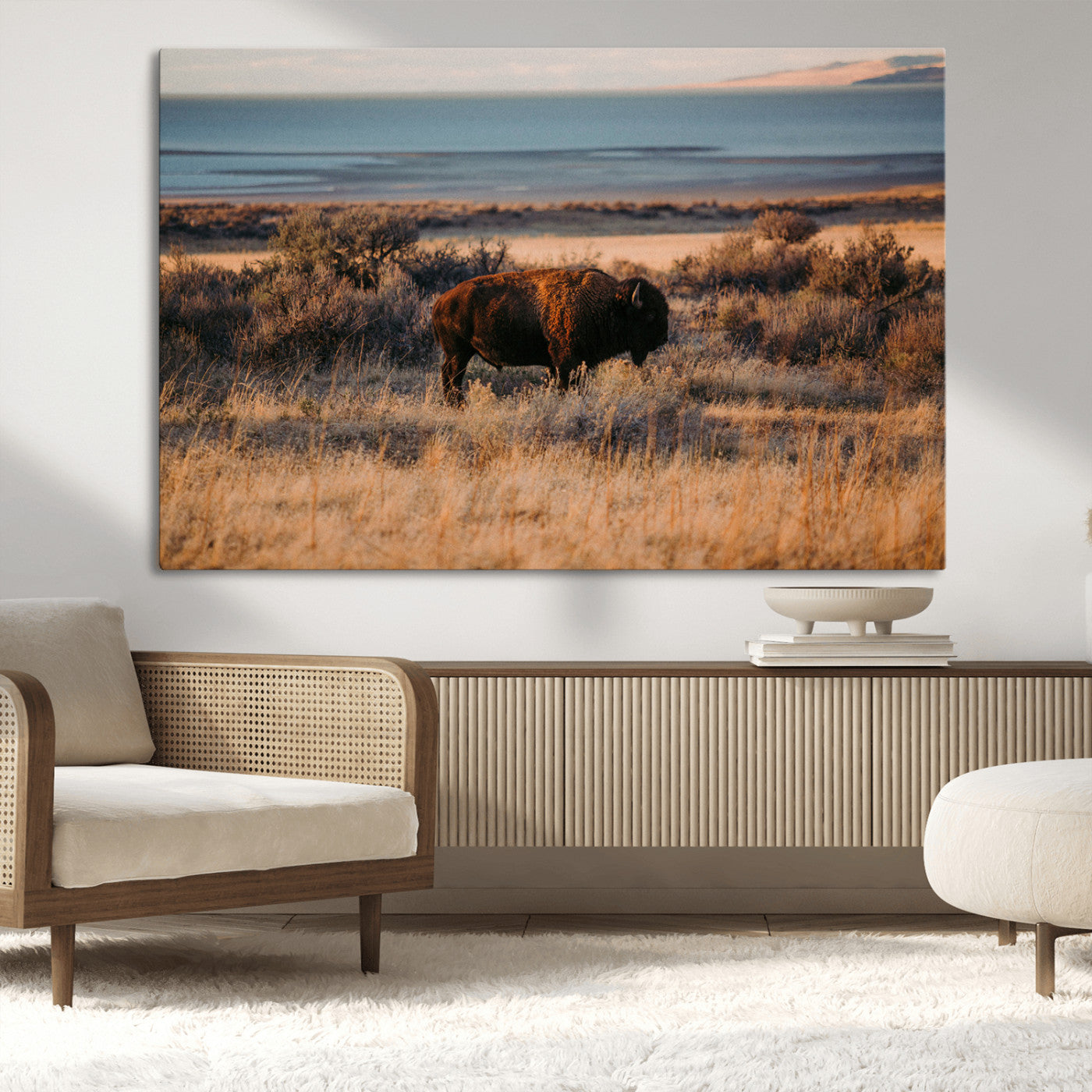 39509187-MGV-CV-36X24-Western Wildlife Wall Art Canvas Print, Framed Bison Art Picture Print, Golden Hour Perfect Western Rustic Decor Artwork