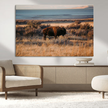 39509187-MGV-CV-36X24-Western Wildlife Wall Art Canvas Print, Framed Bison Art Picture Print, Golden Hour Perfect Western Rustic Decor Artwork