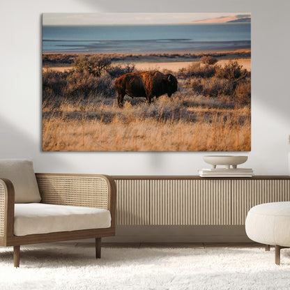 39509187-MGV-CV-36X24-Western Wildlife Wall Art Canvas Print, Framed Bison Art Picture Print, Golden Hour Perfect Western Rustic Decor Artwork