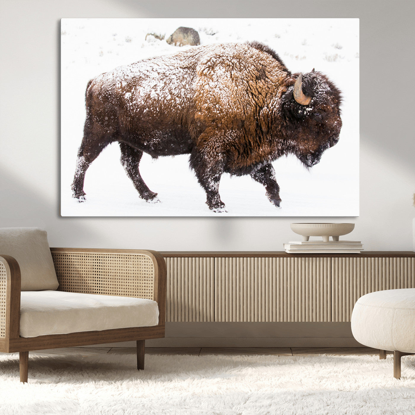 94261165-MGV-CV-36X24-Snowy Buffalo Wall Art Canvas Print, Framed Wildlife Photography Art Picture Print, Brown Tones Perfect Rustic Lodge Decor Decor