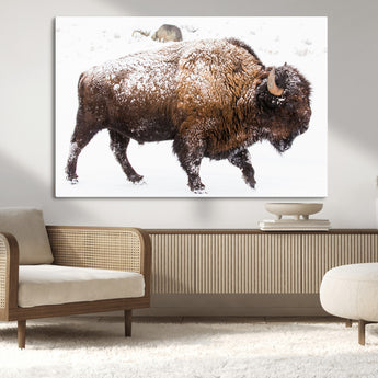 94261165-MGV-CV-36X24-Snowy Buffalo Wall Art Canvas Print, Framed Wildlife Photography Art Picture Print, Brown Tones Perfect Rustic Lodge Decor Decor