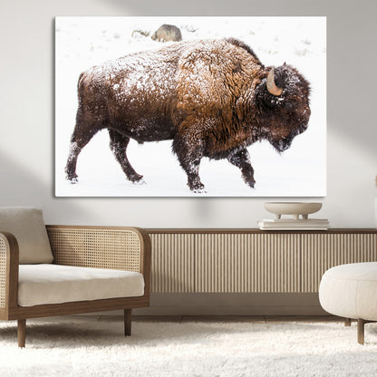 94261165-MGV-CV-36X24-Snowy Buffalo Wall Art Canvas Print, Framed Wildlife Photography Art Picture Print, Brown Tones Perfect Rustic Lodge Decor Decor