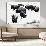 18914414-MGV-CV-36X24-Buffalo Herd Wall Art Canvas Print, Framed Black and White Art Picture Print, Snowy Landscape Perfect Rustic Lodge Decor Decor