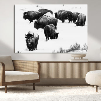 18914414-MGV-CV-36X24-Buffalo Herd Wall Art Canvas Print, Framed Black and White Art Picture Print, Snowy Landscape Perfect Rustic Lodge Decor Decor