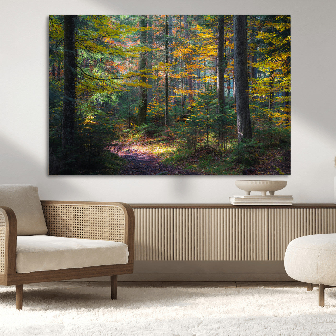 65810864-MGV-CV-36X24-Autumn Forest Wall Art Canvas Print, Framed Fall Woodland Art Picture Print, Golden Leaves Perfect Rustic Farmhouse Decor Artwork