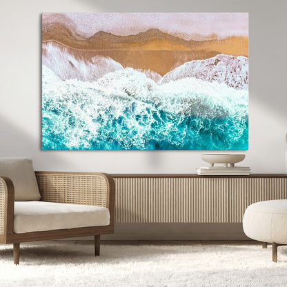 26870666-MGV-CV-36X24-Aerial Beach Wall Art Canvas Print, Framed Ocean Waves Art Picture Print, Coastal Landscape Perfect Coastal Minimalist Decor