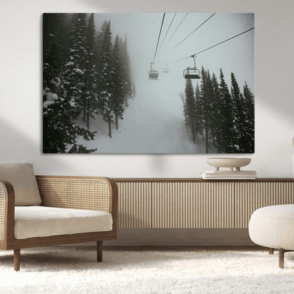 87018452-MGV-CV-36X24-Ski Lift Wall Art Canvas Print, Framed Snowy Pines Art Picture Print, Misty Landscape Perfect Winter Serenity Decor Artwork