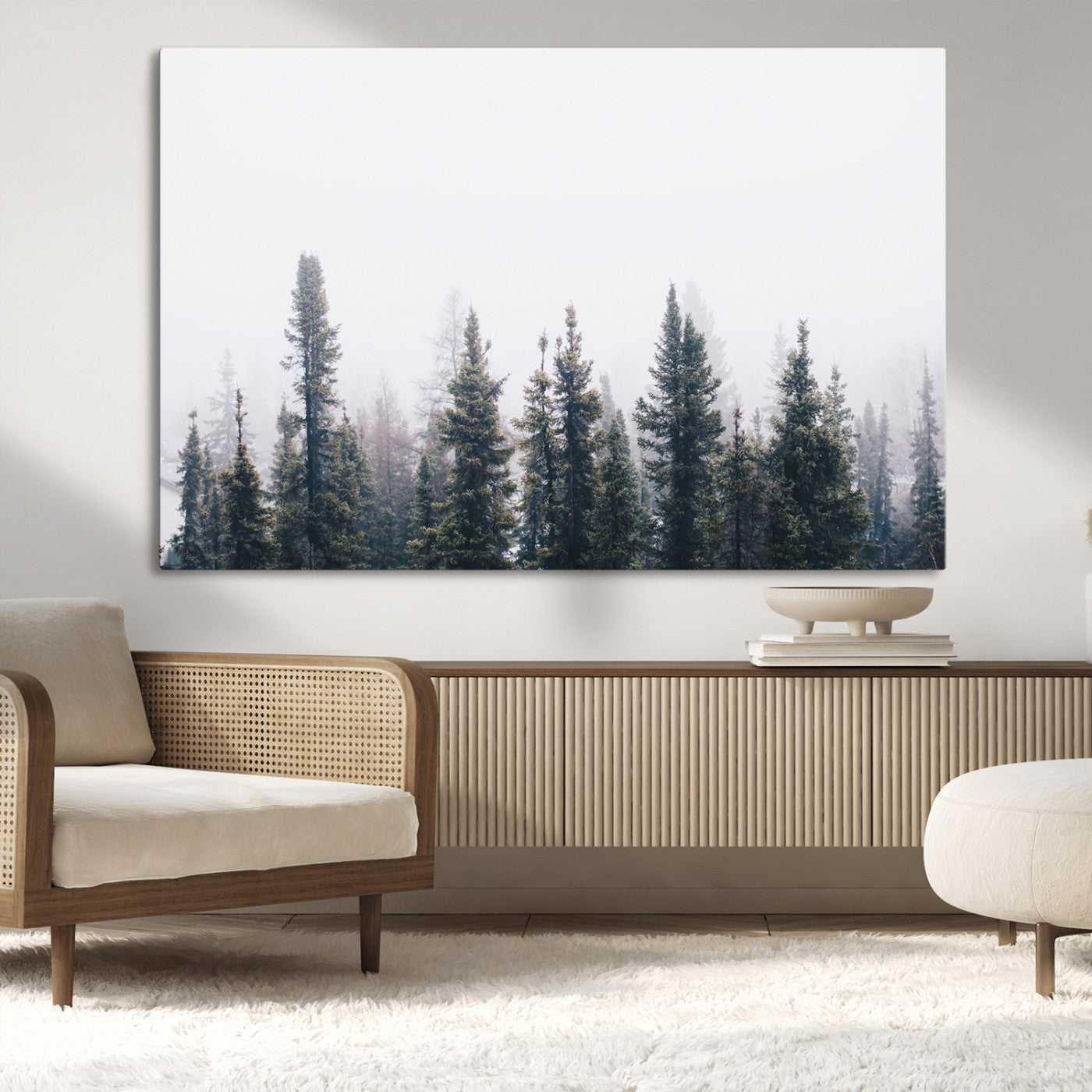 42364796-MGV-CV-36X24-Foggy Forest Wall Art Canvas Print, Framed Misty Pines Art Picture Print, Moody Woodland Perfect Scandinavian Minimalist Decor